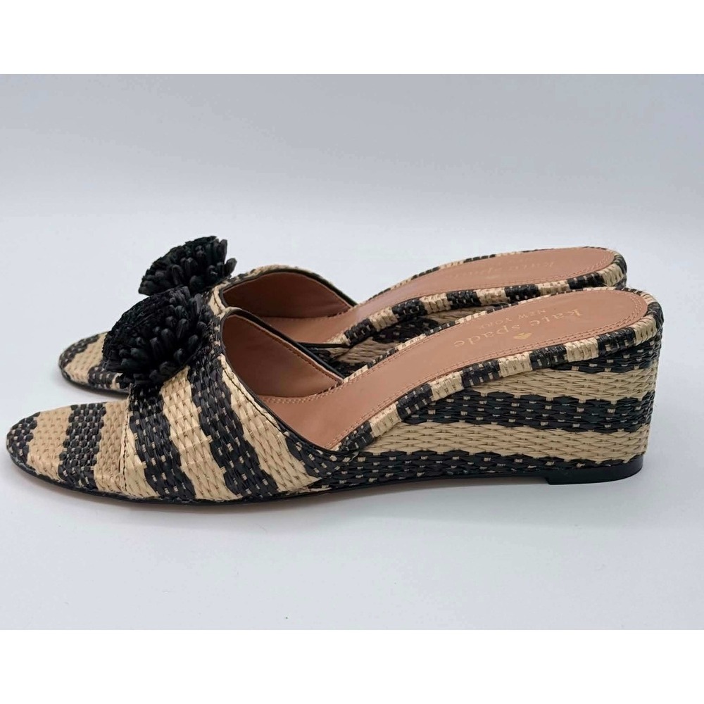 Kate Spade New York Seville Raffia Wedge Mule Sandals Black Natural Striped 7.5